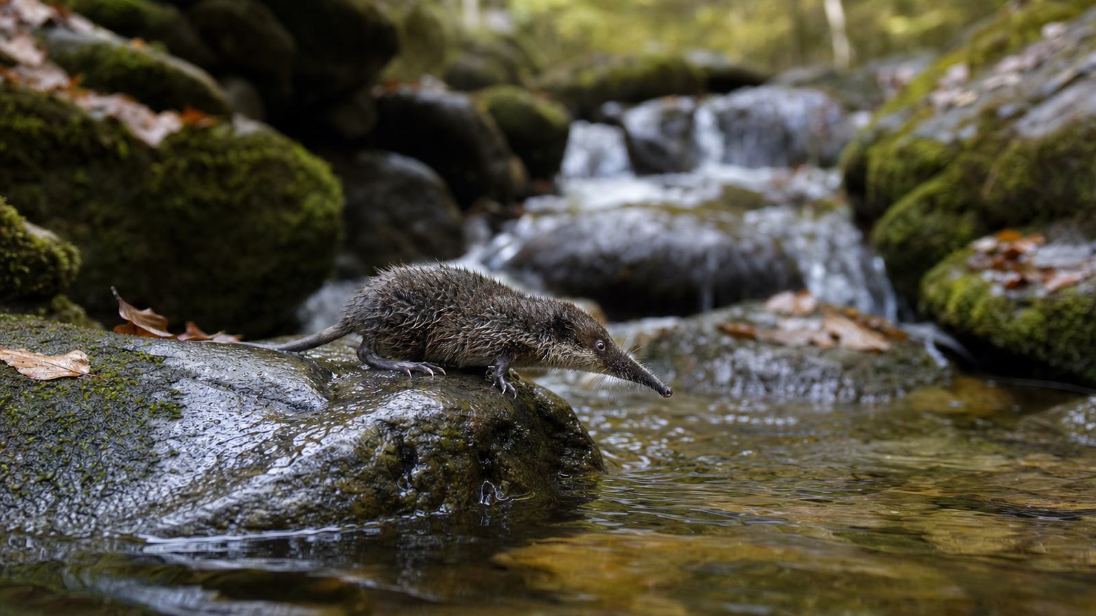 Torrent de montagne limpide courant entre des blocs de granite, milieu de vie du desman des Pyrénées