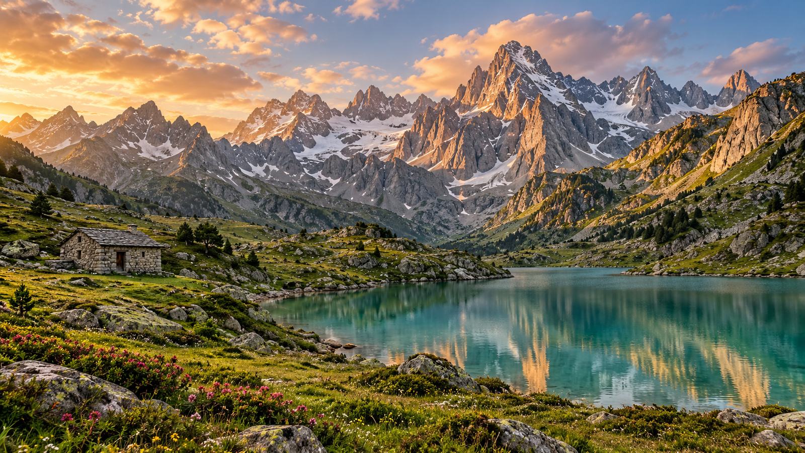 Crêtes pyrénéennes encore enneigées au-dessus d'une vallée verte et d'un lac d'altitude au petit matin