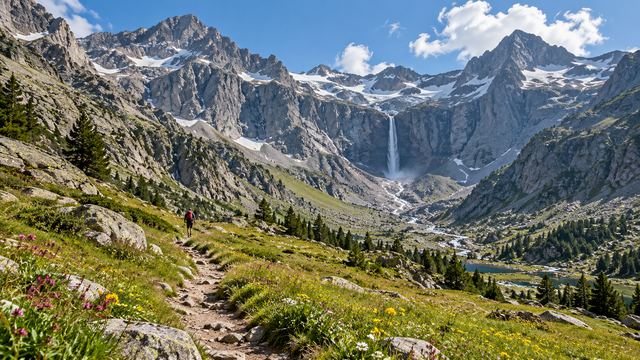 Randonneurs marchant vers un cirque glaciaire des Pyrénées, sentier de pelouse et crêtes au loin